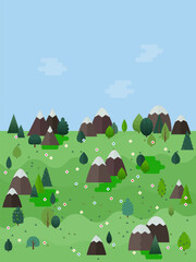 Spring landscape vector illustration. Flat style trees and firs with village cottage houses and mountains. Nature scene poster or card.