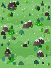 Spring landscape vector illustration. Flat style trees and firs with village cottage houses and mountains. Nature scene poster or card.