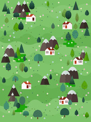 Spring landscape vector illustration. Flat style trees and firs with village cottage houses and mountains. Nature scene poster or card.