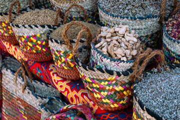 Variety of Spices and Arab Herbs at Traditional Oriental Bazaar at Nubian Village. Aswan. Egypt....