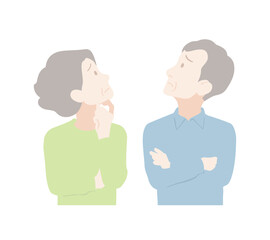 天を仰ぎ不安そうな表情を浮かべる中年夫婦、ミドルシニアの男女