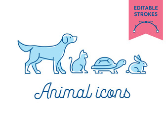 Pet icon set with editable strokes. Dog, cat, turtle and rabbit symbols. Minimal dog, pussy, tortoise and bunny outlines for infographics or web use. Pixel perfect flat design. Animal illustration