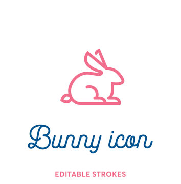 Best bunny outline icon. Minimal animal icon set, lucky rabbit. Easter holiday bunny symbol with editable stokes for infographics or web use. Flat design silhouette. Rabbit, ears and tail pink lines