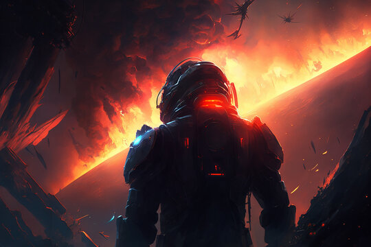 Lone Soldier Escaping an Imploding World. Created with Generative AI.