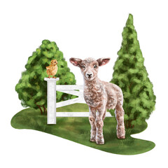 Composition of fluffy lamb on a hill among bushes. From fermer's composition