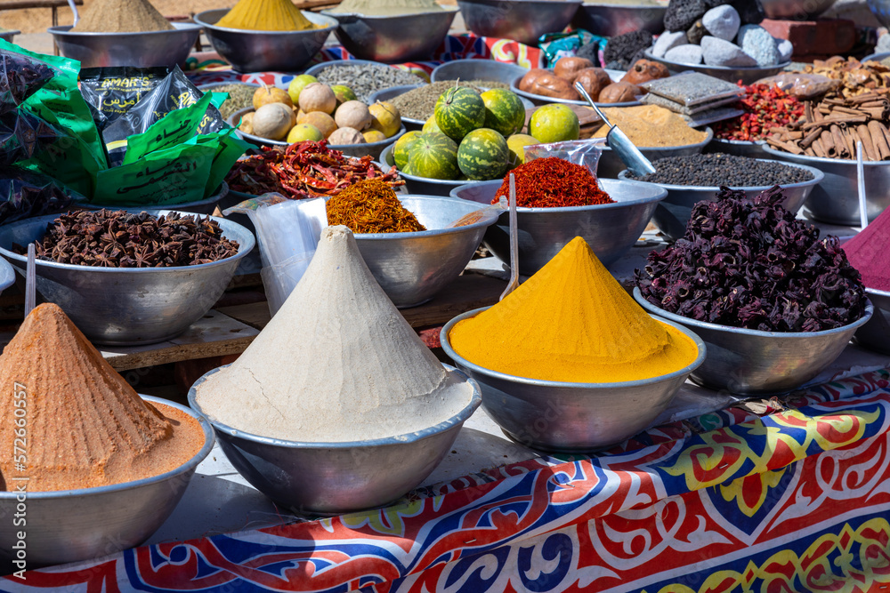 Poster Variety of Spices and Arab Herbs at Traditional Oriental Bazaar at Nubian Village. Aswan. Egypt. Africa.