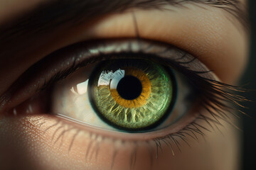 Fototapeta na wymiar extreme close up of a beautiful green eye, woman , ai art illustration 