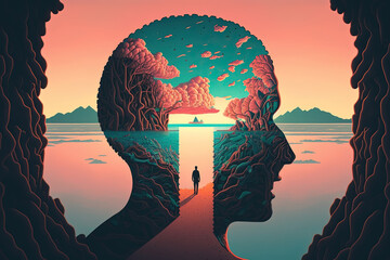 An Illustration Showing the Concept of Exploring the Mind, Self-discovery, Introspection, Soul Searching Within and Psychology - obrazy, fototapety, plakaty