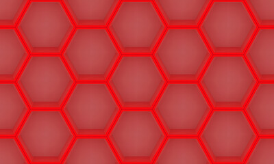 3D empty red hexagon shelves wall seamless pattern. Shop, gallery plastic or wooden showcase to present product. Blank retail storage space. Interior design furniture. Living room bookshelf
