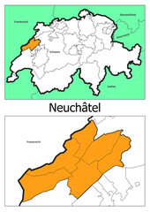 Obraz premium Schweiz Landkarte mit dem Kanton Neuchâtel Karte detailiert
