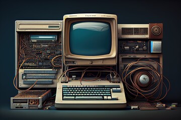 Retro computer concept. Old computer. Retro 1980's style beige desktop computer and built in screen and keyboard. Computer technologies. Generative AI.