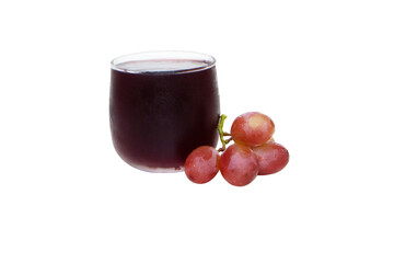 Glass of grape juice in small glass isolated on cutout PNG. grapes put on side. It has dark purple...