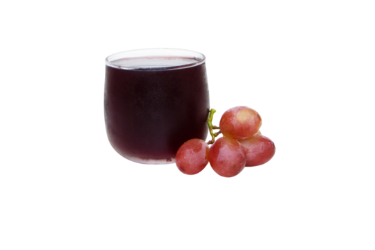 Glass of grape juice in small glass isolated on cutout PNG. grapes put on side. It has dark purple color, sweet, sour taste, Contains vitamin (flavonoids) which have antioxidant properties.	