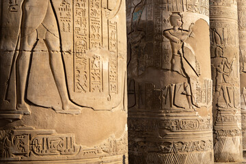 Temple of Kom Ombo. Pillars Decorated with Hieroglyphics. Kom Ombo in Aswan Governorate, Upper...