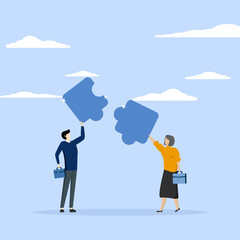 Business team putting together jigsaw puzzle isolated flat vector illustration. Cartoon partners working in connection. Teamwork, partnership and cooperation concept, flat vector illustration.