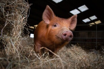 Cute orange pig looking forward. Pig in barn with hay.
