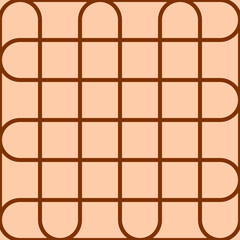 Seamless brown and beige vector graphic of alternate semi circles joined by long straight lines. Mirrored at 90 degrees to form a grid pattern