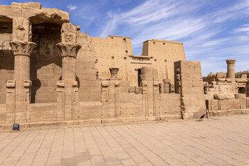 Edfu Horus Temple Walls Decorated with Reliefs of Ancient Egyptian Gods. Ptolemaic Temple of Horus, Edfu near Aswan, Egypt. Africa. - obrazy, fototapety, plakaty