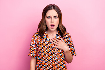 Photo portrait of lovely young lady point self accused offended astonished wear trendy print garment isolated on pink color background