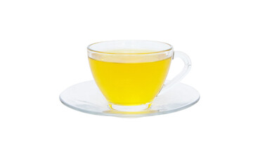 Small glass of chrysanthemum flowers iced tea yellow  isolated on cutout PNG. Chrysanthemum is a plant that originated in China. To drink to cure thirst add freshness to the body lower blood pressure.