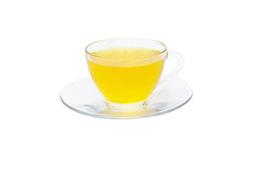 Small glass of chrysanthemum flowers iced tea yellow. Chrysanthemum is a plant that originated in China. To drink to cure thirst add freshness to the body lower blood pressure. isolated on cutout PNG.