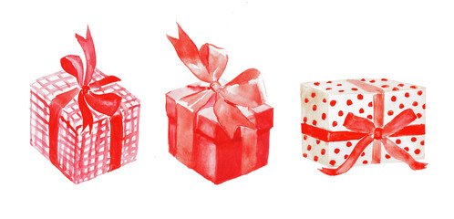 Presents, red gift boxes,  celebration, birthday gift, Christmas gift , watercolor illustration