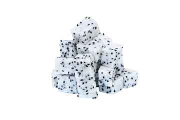 Fresh Dragon fruit pile (Pitaya) plump, clean cut into pieces like dice isolated on cutout PNG. Benefits and vitamin properties of dragon fruit can help lose weight, prevent cancer, treat diabetes.