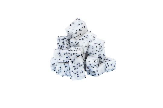 Fresh Dragon fruit pile (Pitaya) plump, clean cut into pieces like dice  Benefits and vitamin properties of dragon fruit can help lose weight, prevent cancer, treat diabetes isolated on cutout PNG.