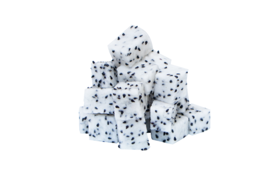 Fresh Dragon fruit pile (Pitaya) plump, clean cut into pieces like dice isolated on cutout PNG. Benefits and vitamin properties of dragon fruit can help lose weight, prevent cancer, treat diabetes.