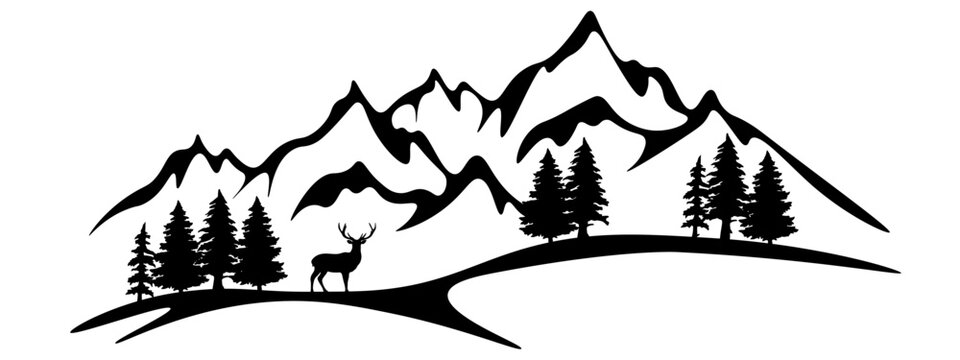 Black silhouette of deer mountains and forest fir trees camping landscape panorama illustration icon vector for logo, isolated on white background..