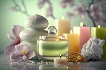 Spa items, massage, relaxation and relaxation. Stones, oils and candles on a red background.