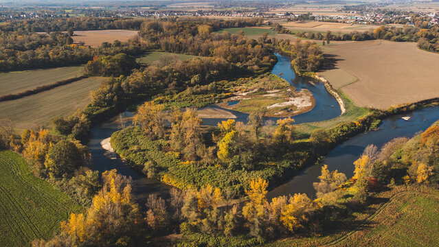 Aerial view of Meanders of an untouched river near Bohumin, Czech Republic