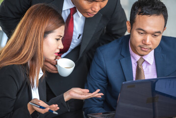 Boss manager standing for encourage counseling explain employee teamwork man and woman. businessman leader sharing helping support guidance coworker male and female for help project strategy.