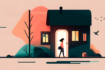 minimalistic illustration of a house and a girl near it, a woman leaves the house for work, a business woman returns home from work. generative ai