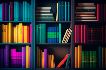 a bookshelf lined with books, books with colorful bindings on bookshelves in a hand-drawn style. generative ai - obrazy, fototapety, plakaty