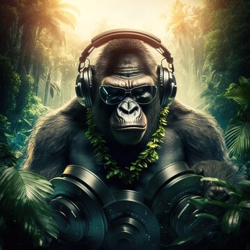 dj monkey  in action with headphones on jungle