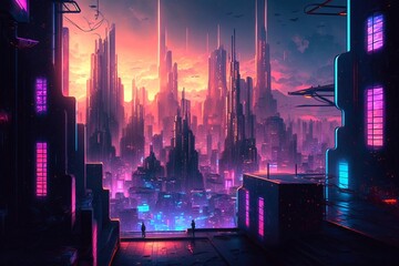 Night Futuristic City with Neon Color