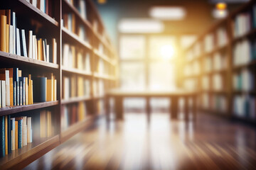 Blurry academic library interior, educational concept background