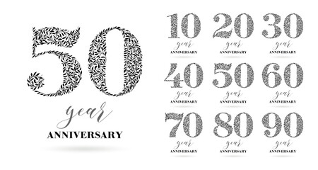 A set of logo designs from 30 to 39 years old. Number consists of a leaf pattern, no gradient fill. Anniversary logo design for holiday event, invitation, greeting, party, fashion, entertainment