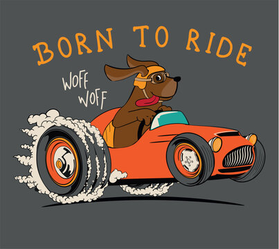 cartoon dog driving a hot rod car