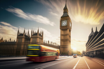 Fototapeta na wymiar Sun scene with Big Ben and Houses of Parliament with light and long exposure, AI