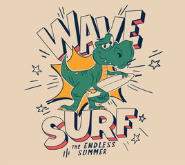 wave surf and cute dino print  - obrazy, fototapety, plakaty