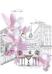 Series of street views with cafes and flowers in Paris. Hand drawn vector architectural background with historic buildings. - 572669192