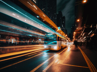 Fototapeta premium a city street with a bus and cars moving fast at night time with long exposure of the lights on the street. AI
