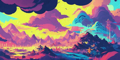Dreamy Colorful Cloud Swirls Over Landscapes (Created using Generative AI)