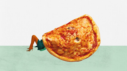Food pop art photography. Woman lying under pizza. Tasty margarita. Contemporary art collage. Concept of creativity, degustation, surreal art, retro style.