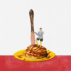 Stylish boy standing on pancakes with jam. Food pop art photography. Contemporary art collage. Concept of creativity, degustation, surreal art, retro style.