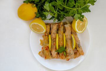 Lahana Sarma, Turkish traditional food,a boiled cabbage leaf that is formed into a roll with a stuffing of rice