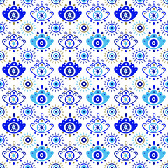 Background of Turkish evil eye symbols. Ethnic style blue greek protection from the spoilage signs with golden details. EPS 10 vector seamless pattern for wrapping paper, textile, package print