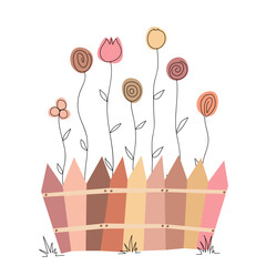 colored stylized wild flowers behind the fence on a white background. Design for brand book, logo, flyer,
